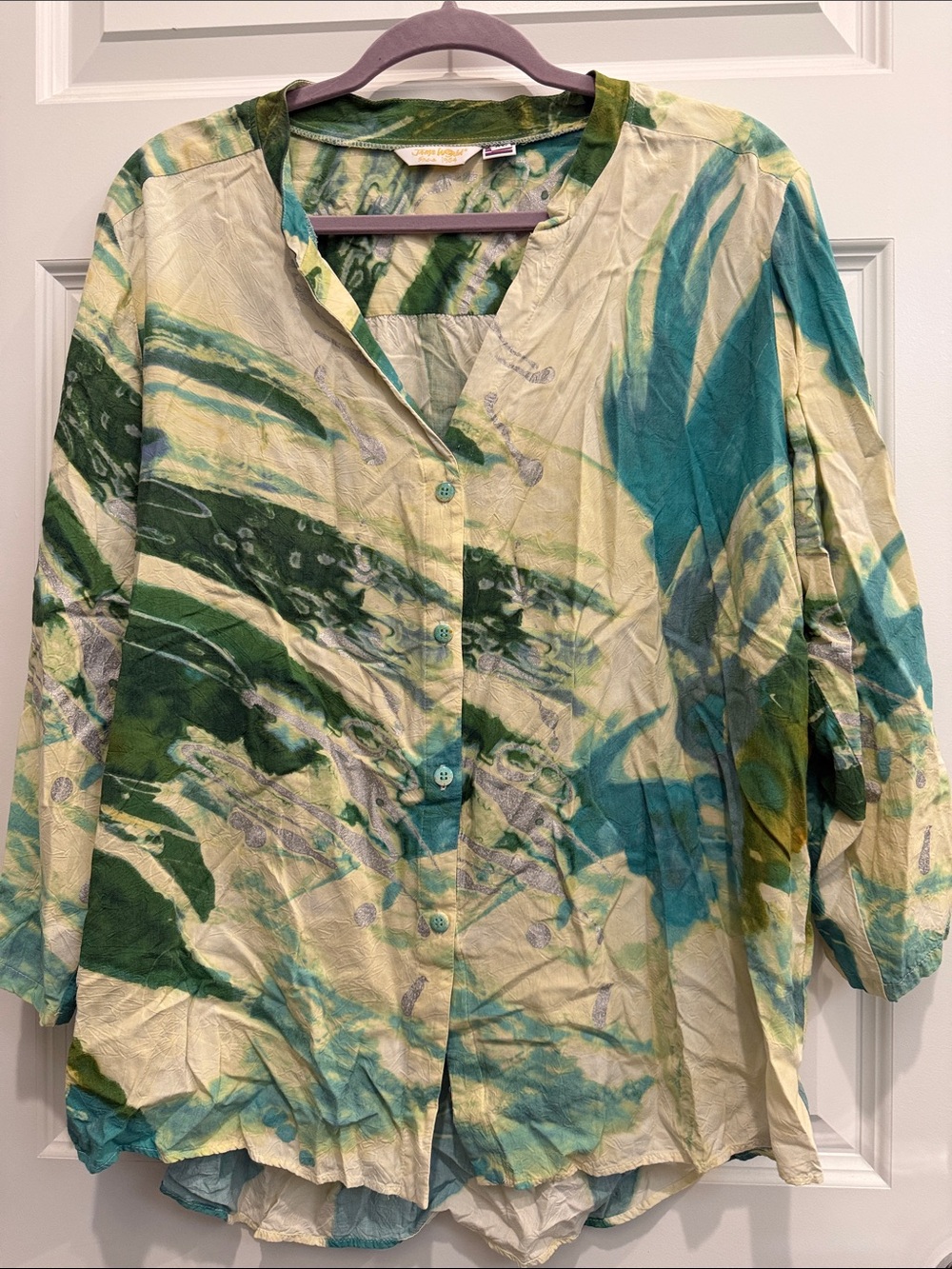 Vintage Jams World Green & Teal Abstract Button-Front Women's Shirt